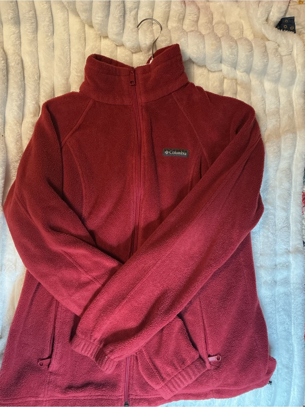Deep Red Fuzzy Columbia Zip Up Sweater